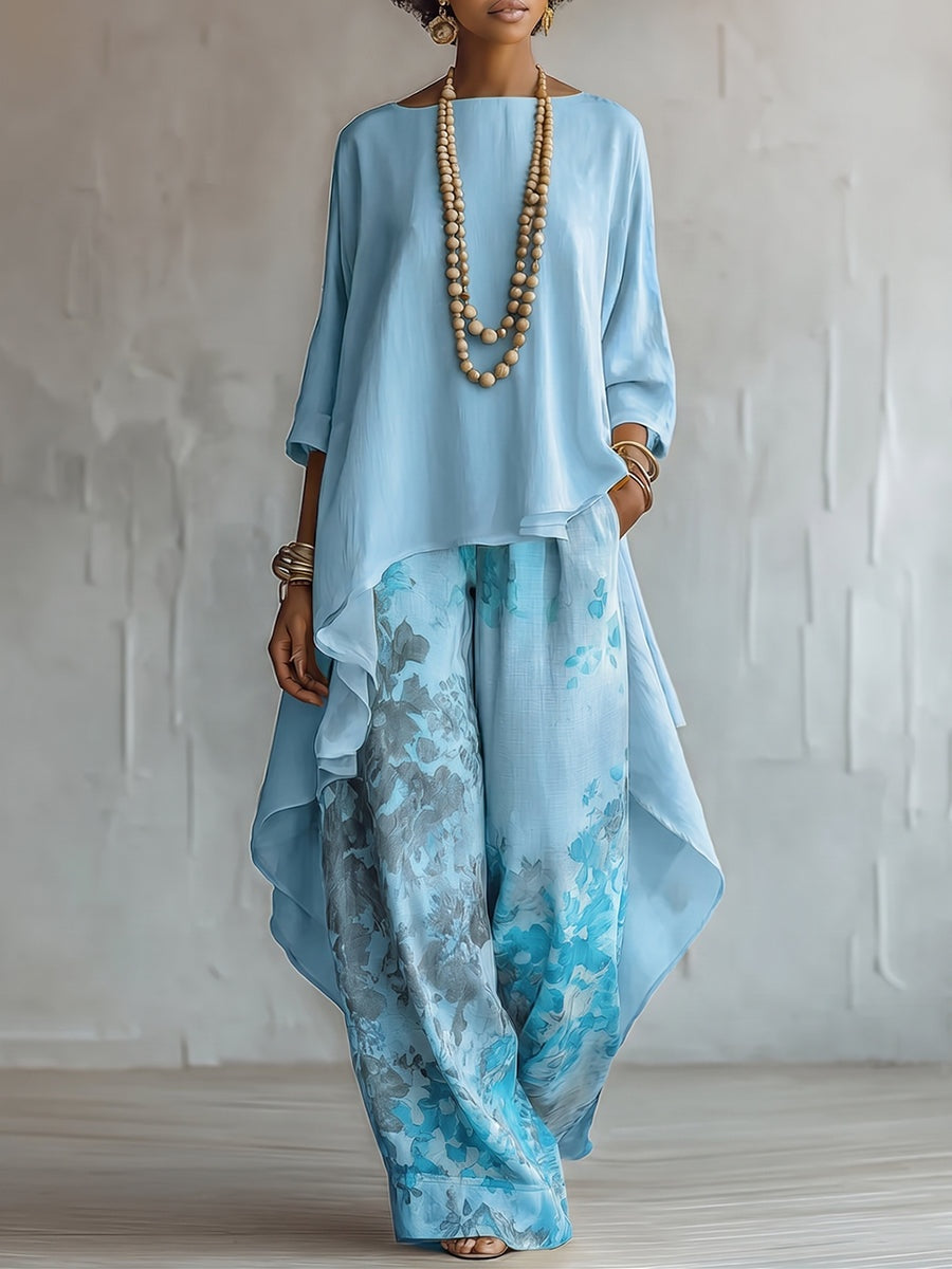 Alice | Completo Donna Coordinato Floreale Blusa Asimmetrica Pantaloni Palazzo