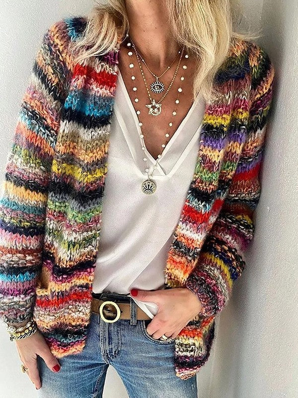 Francesca | Cardigan Lungo Donna a Maglia Righe Multicolor Maniche Lunghe