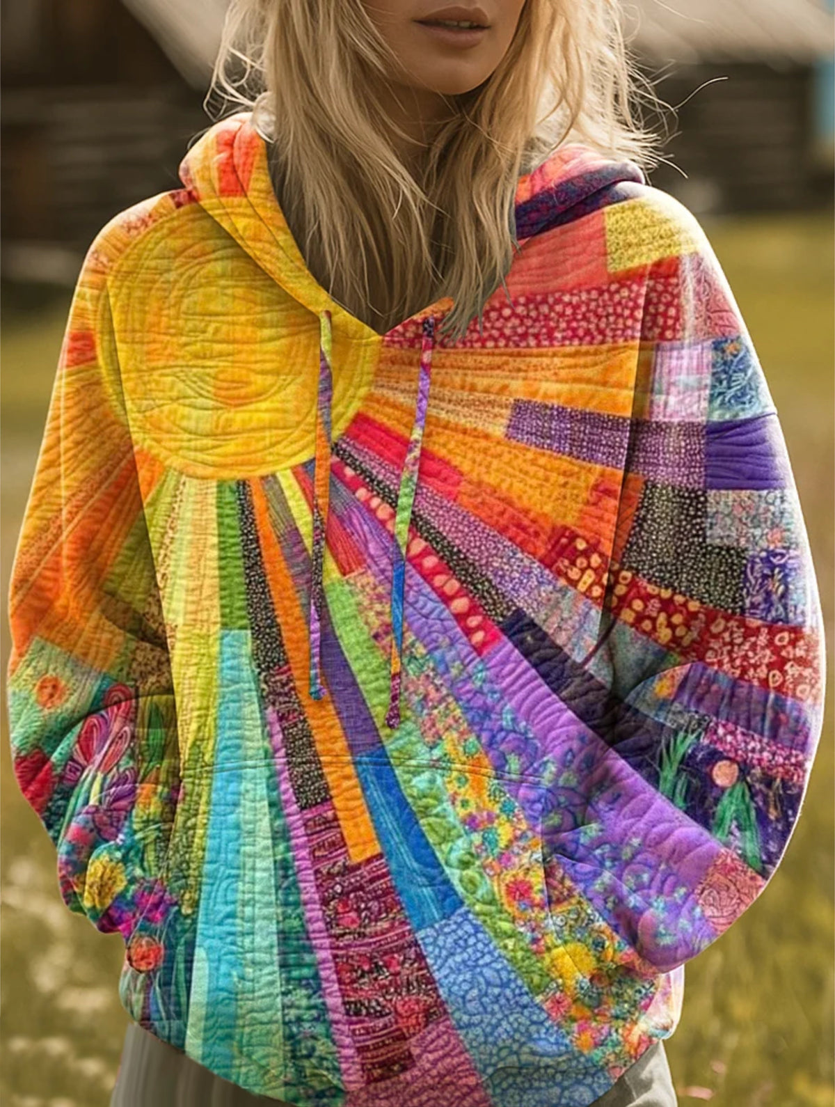 Irene | Felpa con Cappuccio Donna Patchwork Stampata Oversize