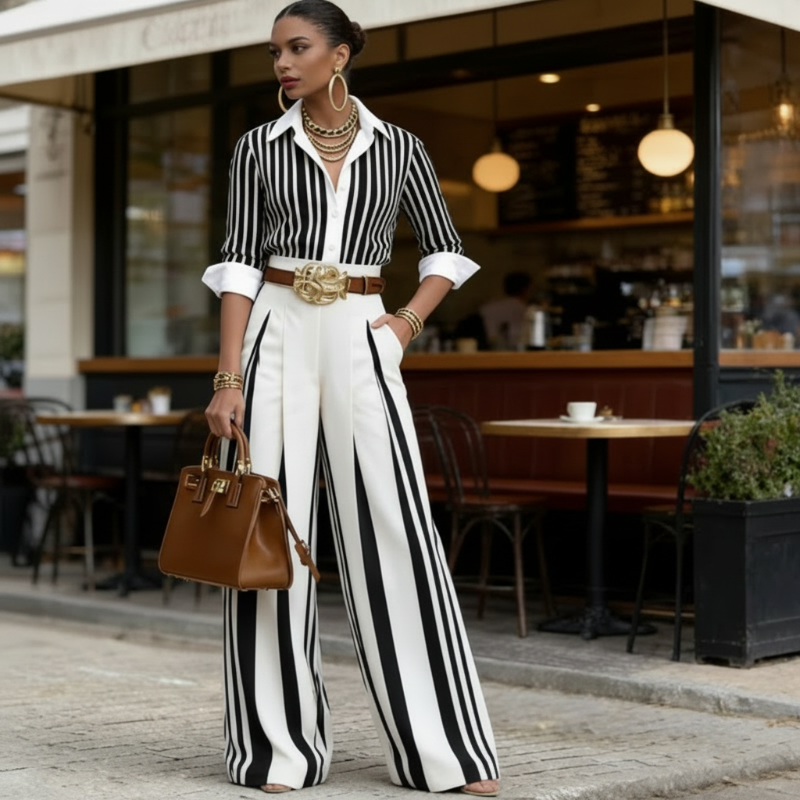 Matilde | Completo Donna a Righe Camicia e Pantaloni Palazzo