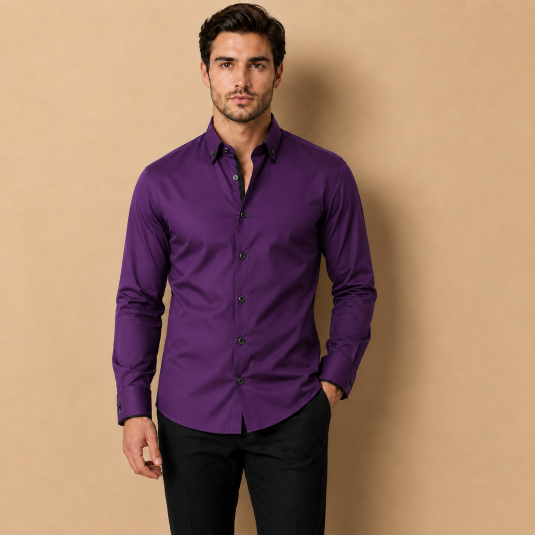 Camicia da Uomo a Manica Lunga con Colletto a Contrasto e Taglio Sartoriale