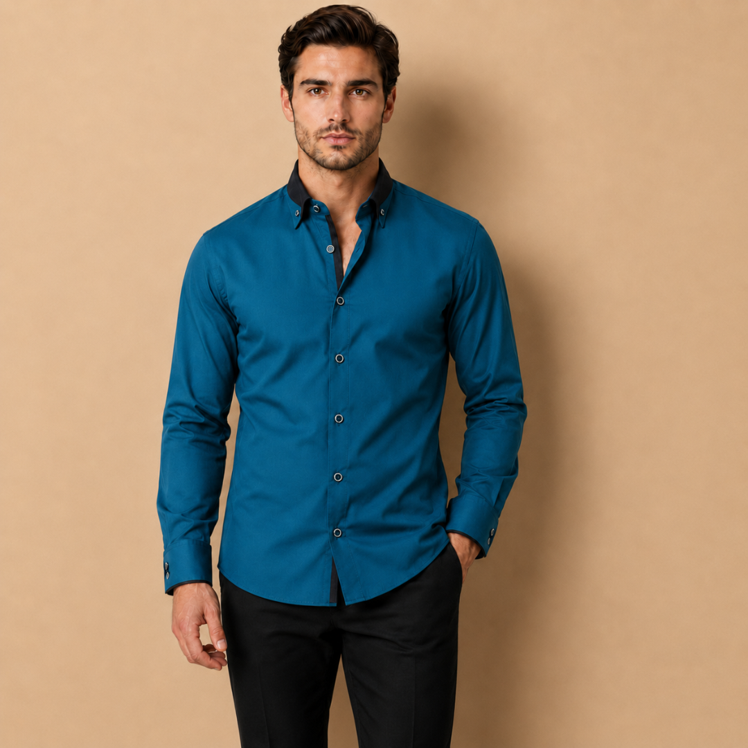 Camicia da Uomo a Manica Lunga con Colletto a Contrasto e Taglio Sartoriale