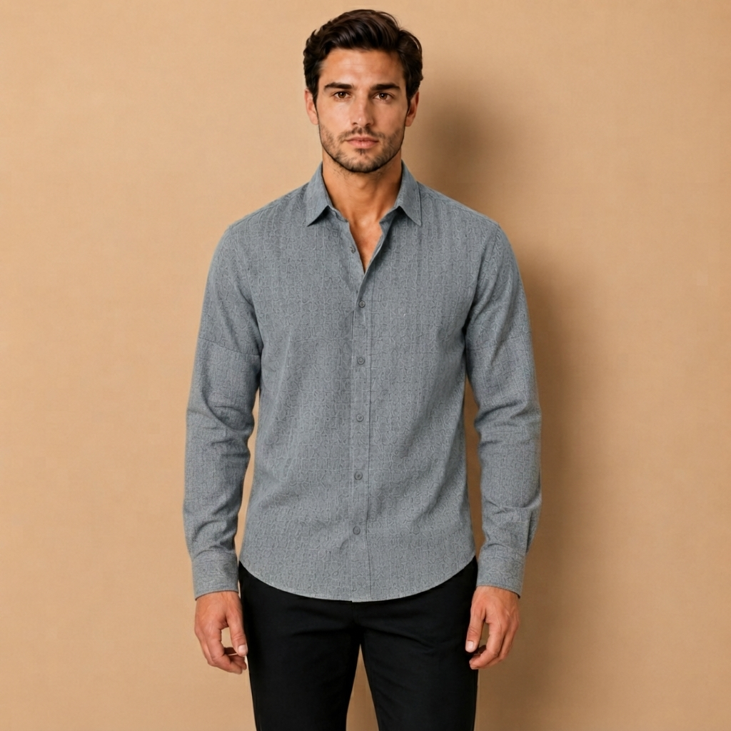 Camicia da Uomo a Maniche Lunghe con Colletto Aperto e Chiusura a Bottoni