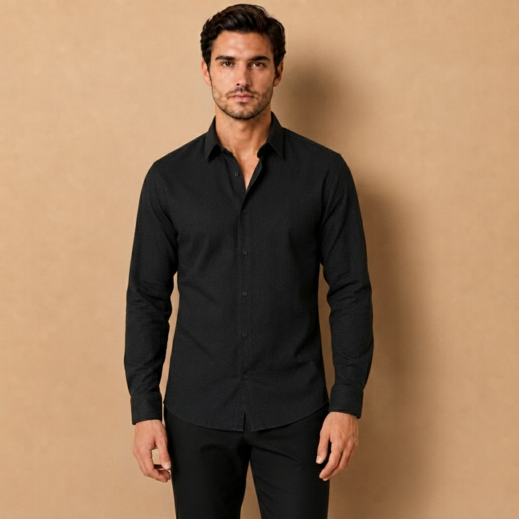 Camicia da Uomo a Maniche Lunghe con Colletto Aperto e Chiusura a Bottoni
