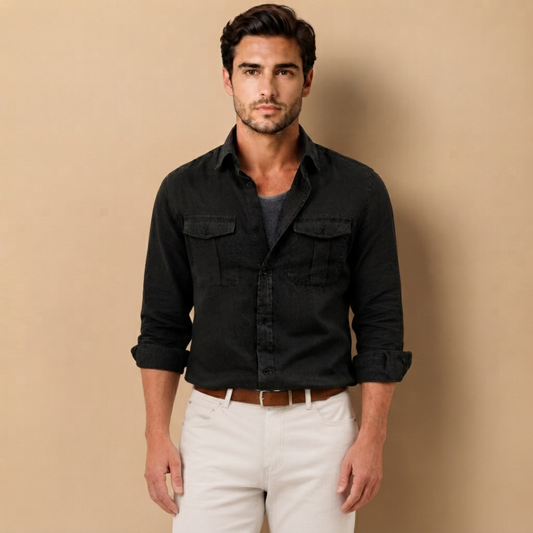 Camicia da Uomo a Maniche Lunghe con Due Tasche sul Petto e Colletto a Punta