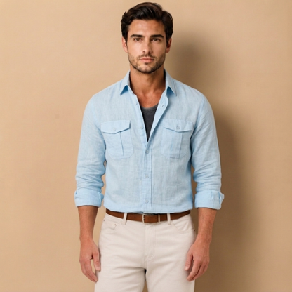 Camicia da Uomo a Maniche Lunghe con Due Tasche sul Petto e Colletto a Punta