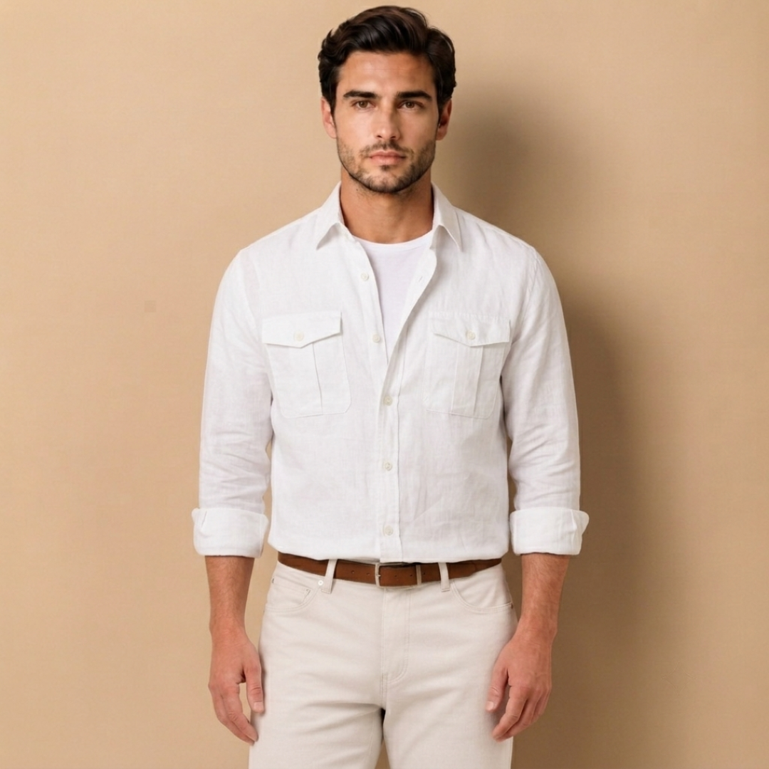 Camicia da Uomo a Maniche Lunghe con Due Tasche sul Petto e Colletto a Punta