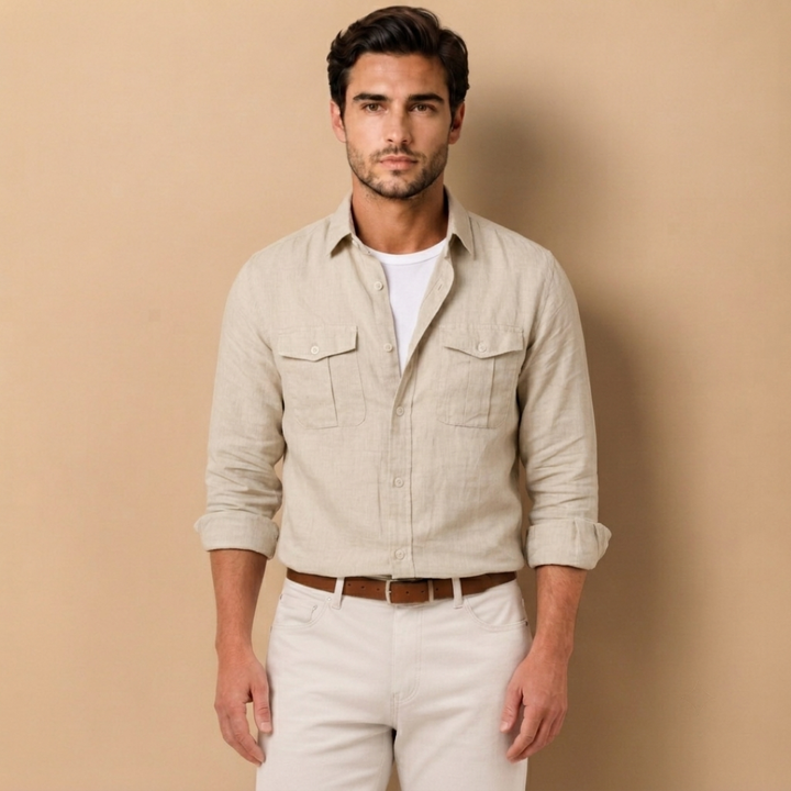 Camicia da Uomo a Maniche Lunghe con Due Tasche sul Petto e Colletto a Punta