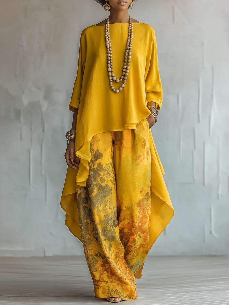 Alice | Completo Donna Coordinato Floreale Blusa Asimmetrica Pantaloni Palazzo