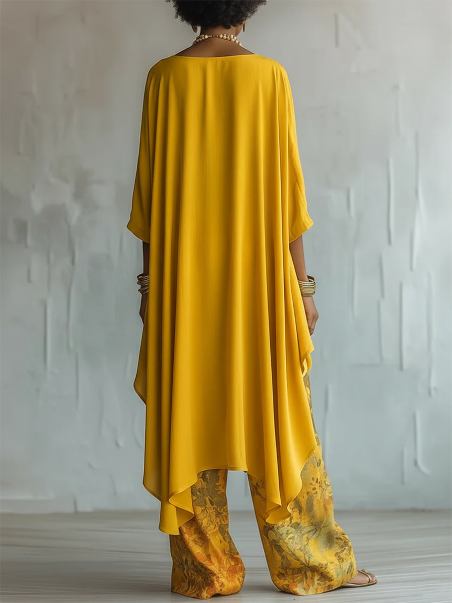 Alice | Completo Donna Coordinato Floreale Blusa Asimmetrica Pantaloni Palazzo
