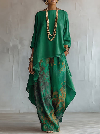 Alice | Completo Donna Coordinato Floreale Blusa Asimmetrica Pantaloni Palazzo