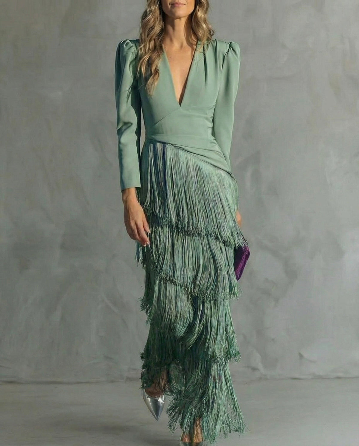 Camilla | Vestito Lungo Maniche Lunghe Donna Scollatura V Frange