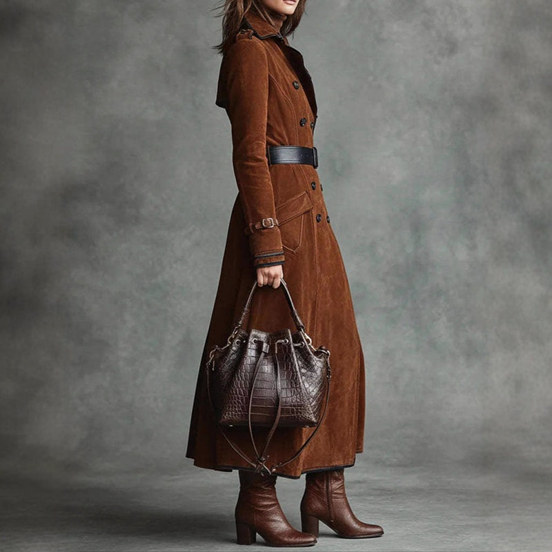 Caterina | Cappotto Lungo in Scamosciato Donna Elegante Doppio Petto