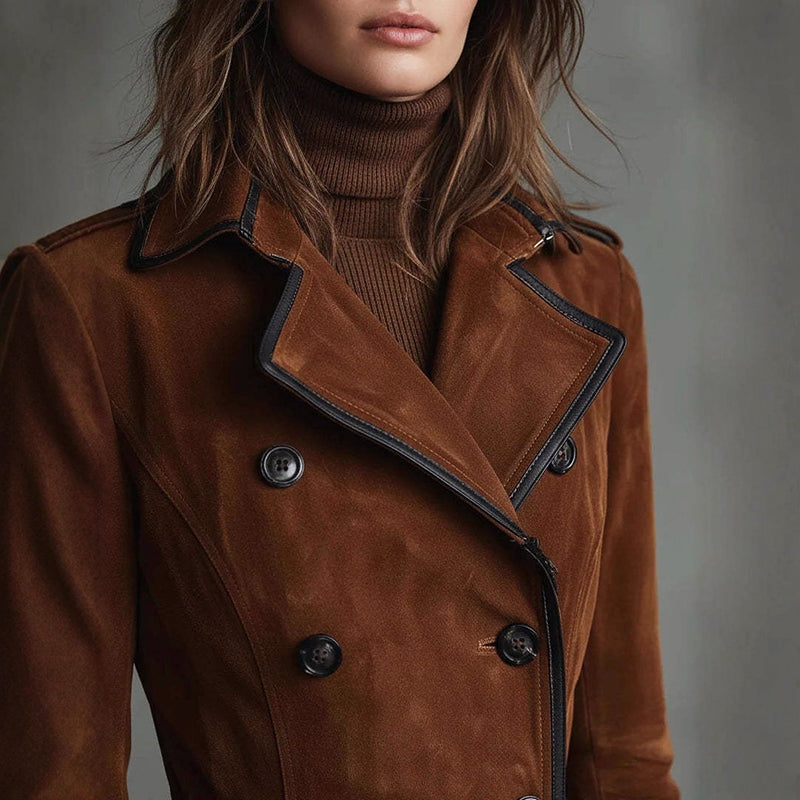 Caterina | Cappotto Lungo in Scamosciato Donna Elegante Doppio Petto