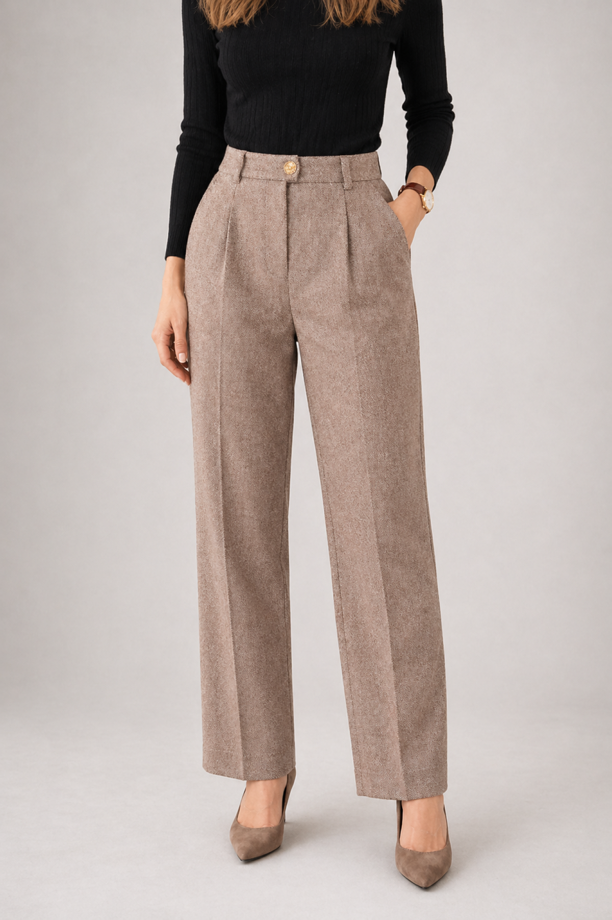 Caterina | Pantaloni a Vita Alta Larghi Donna Invernali con Pieghe