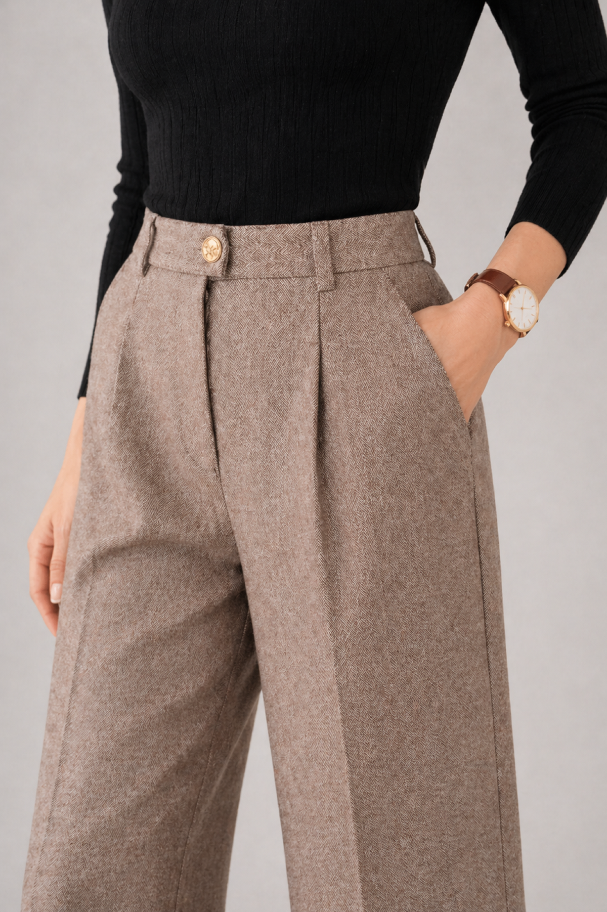 Caterina | Pantaloni a Vita Alta Larghi Donna Invernali con Pieghe