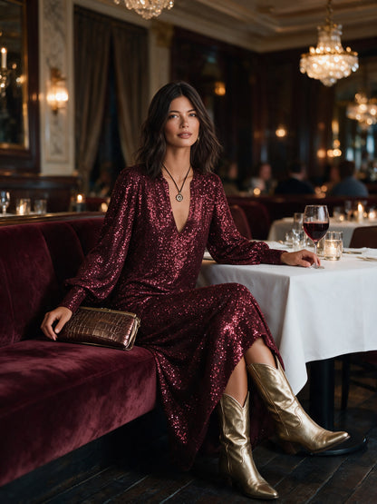 Chiara | Vestito Lungo Maniche Lunghe Donna Paillettes Scollo V Sera