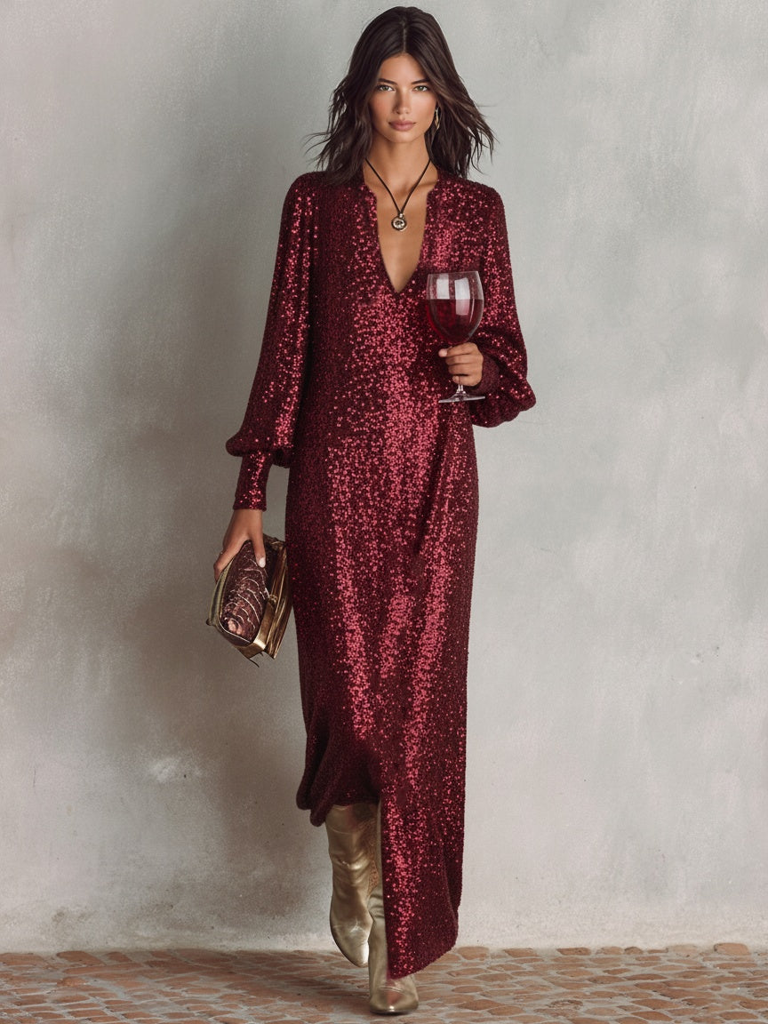 Chiara | Vestito Lungo Maniche Lunghe Donna Paillettes Scollo V Sera