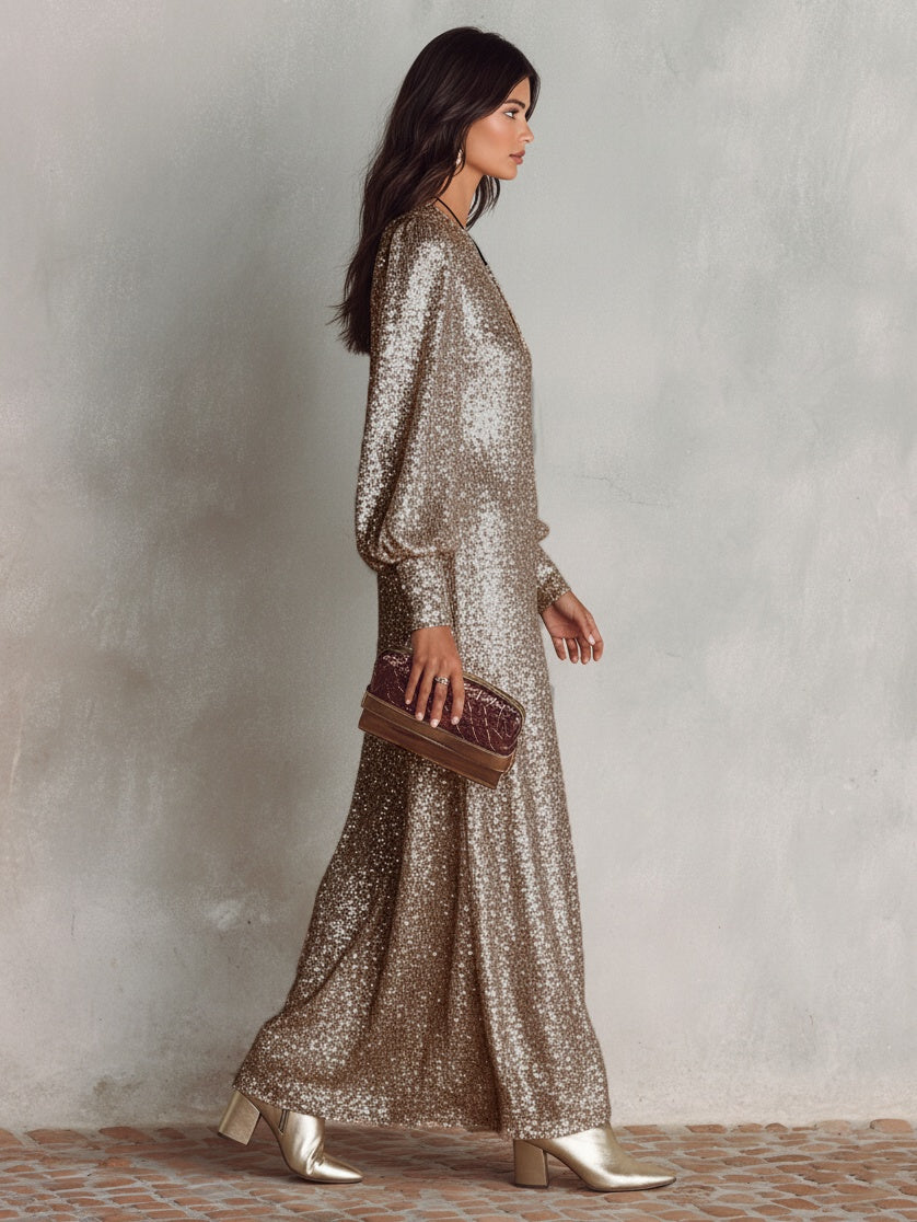 Chiara | Vestito Lungo Maniche Lunghe Donna Paillettes Scollo V Sera