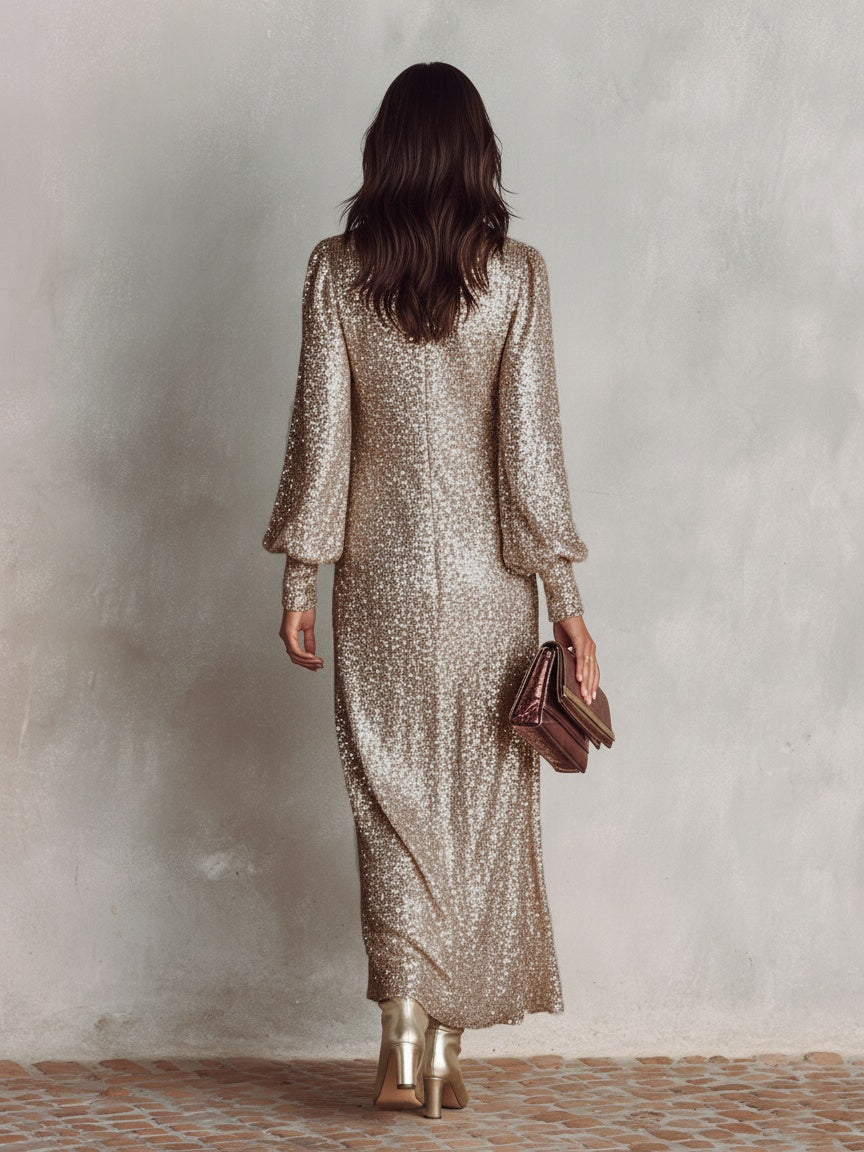 Chiara | Vestito Lungo Maniche Lunghe Donna Paillettes Scollo V Sera