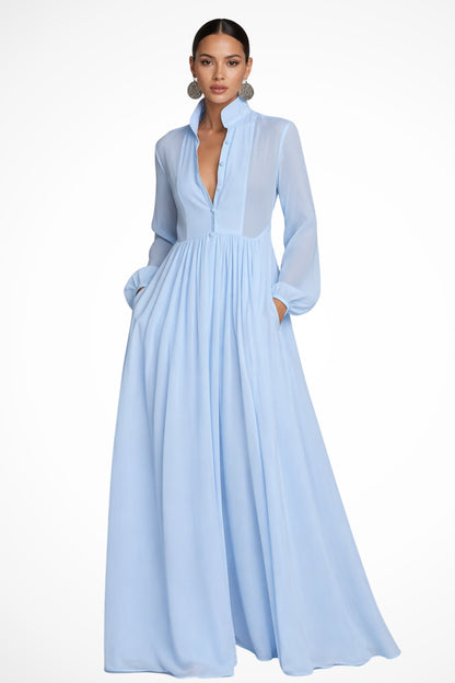 Daniela | Vestito Lungo Maniche Lunghe Donna Chiffon Fluido con Tasche