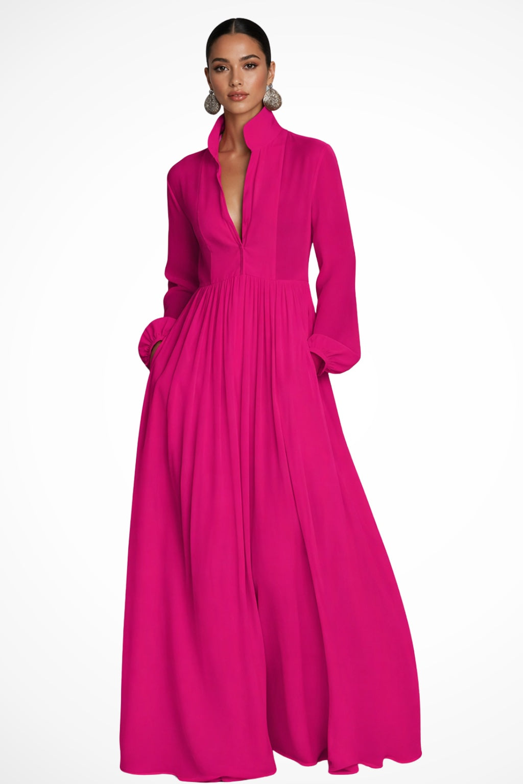 Daniela | Vestito Lungo Maniche Lunghe Donna Chiffon Fluido con Tasche