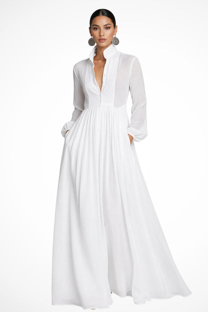 Daniela | Vestito Lungo Maniche Lunghe Donna Chiffon Fluido con Tasche