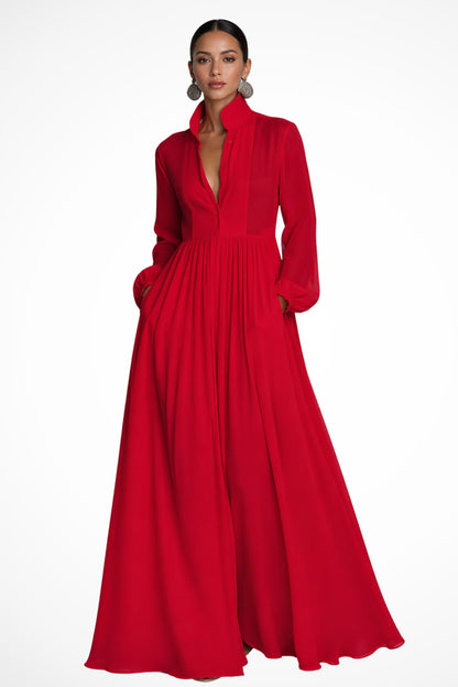Daniela | Vestito Lungo Maniche Lunghe Donna Chiffon Fluido con Tasche