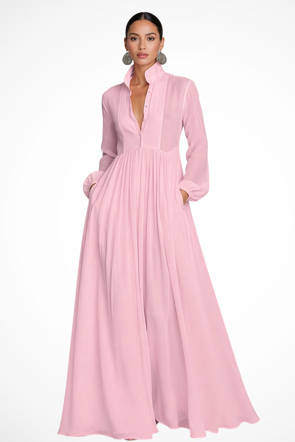 Daniela | Vestito Lungo Maniche Lunghe Donna Chiffon Fluido con Tasche