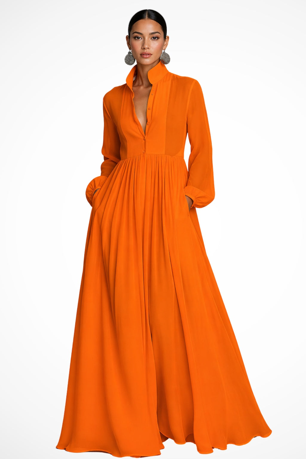 Daniela | Vestito Lungo Maniche Lunghe Donna Chiffon Fluido con Tasche