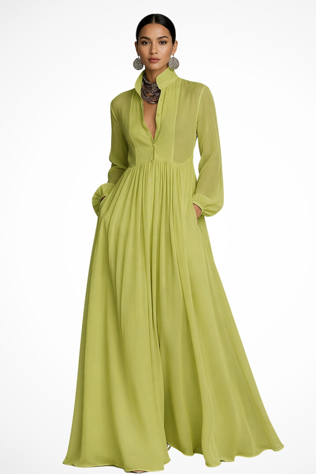 Daniela | Vestito Lungo Maniche Lunghe Donna Chiffon Fluido con Tasche