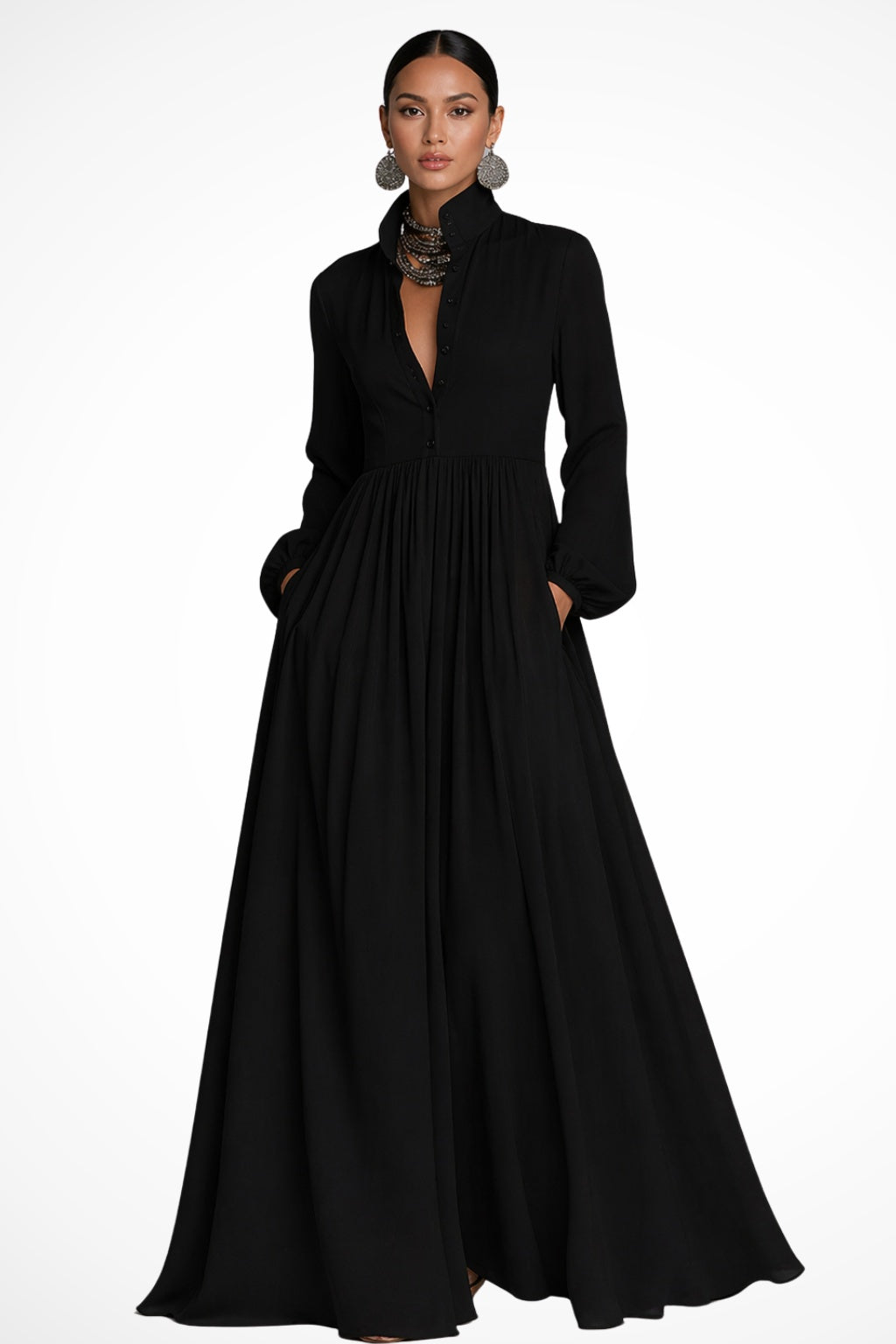 Daniela | Vestito Lungo Maniche Lunghe Donna Chiffon Fluido con Tasche