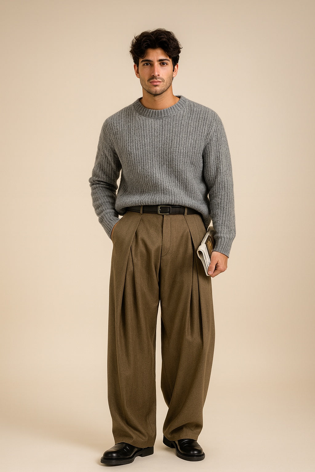 Dario | Pantaloni Completo Uomo Vita Alta Gamba Ampia Pieghe