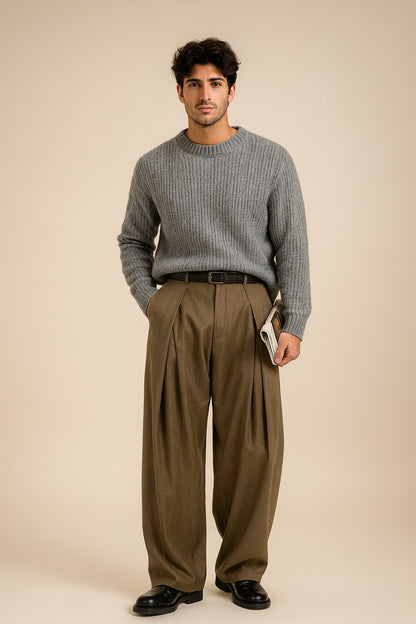 Dario | Pantaloni Completo Uomo Vita Alta Gamba Ampia Pieghe