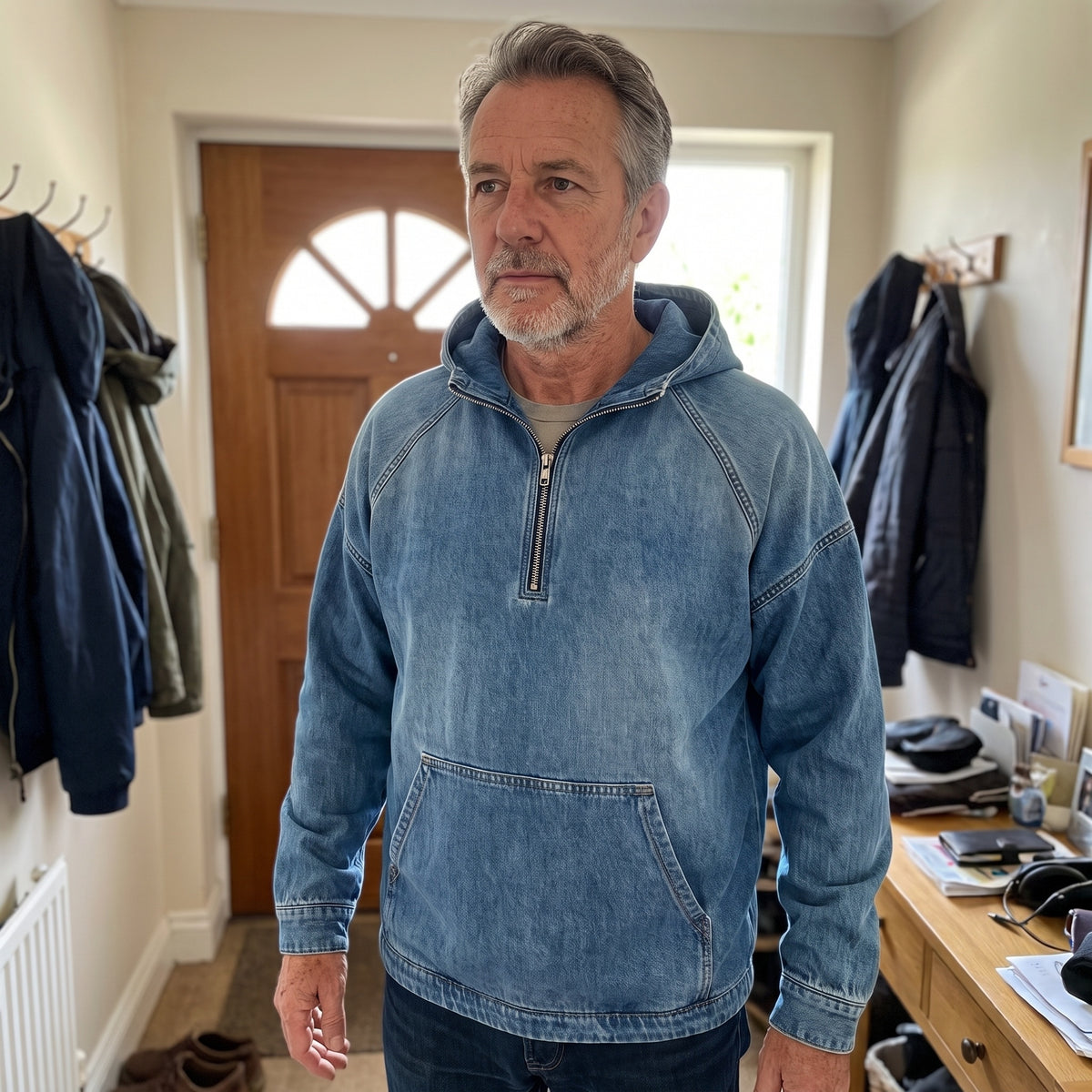 Fabio | Giacca Casual Uomo in Denim con Cappuccio Mezza Zip