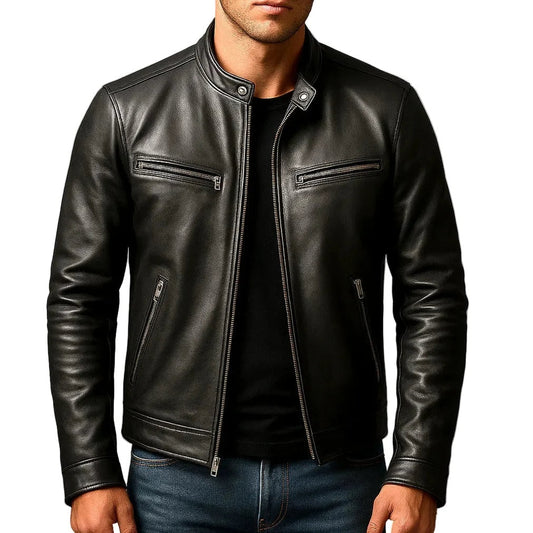 Fabio | Giacca di Pelle Uomo Biker Zip Colletto Mao