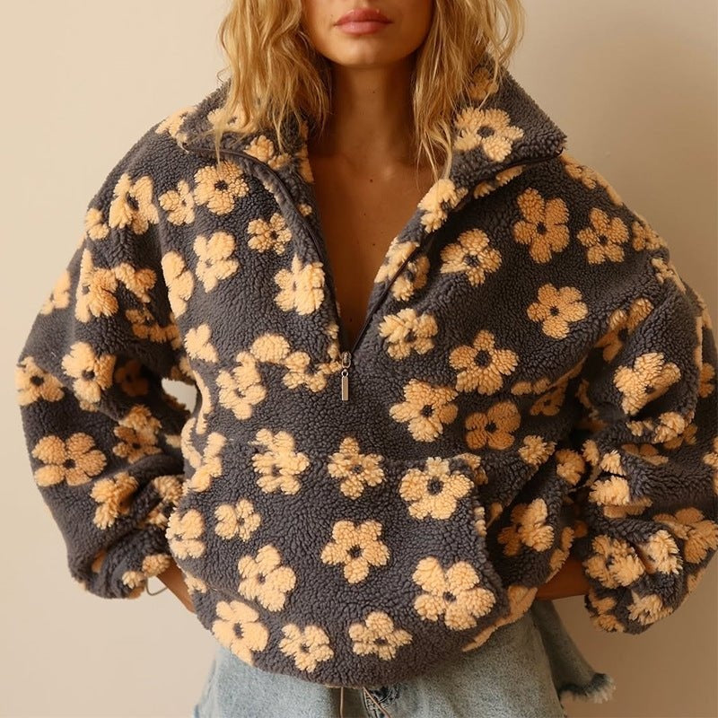 Federica | Giacca Fleece Teddy Donna Floreale Oversize Mezza Zip