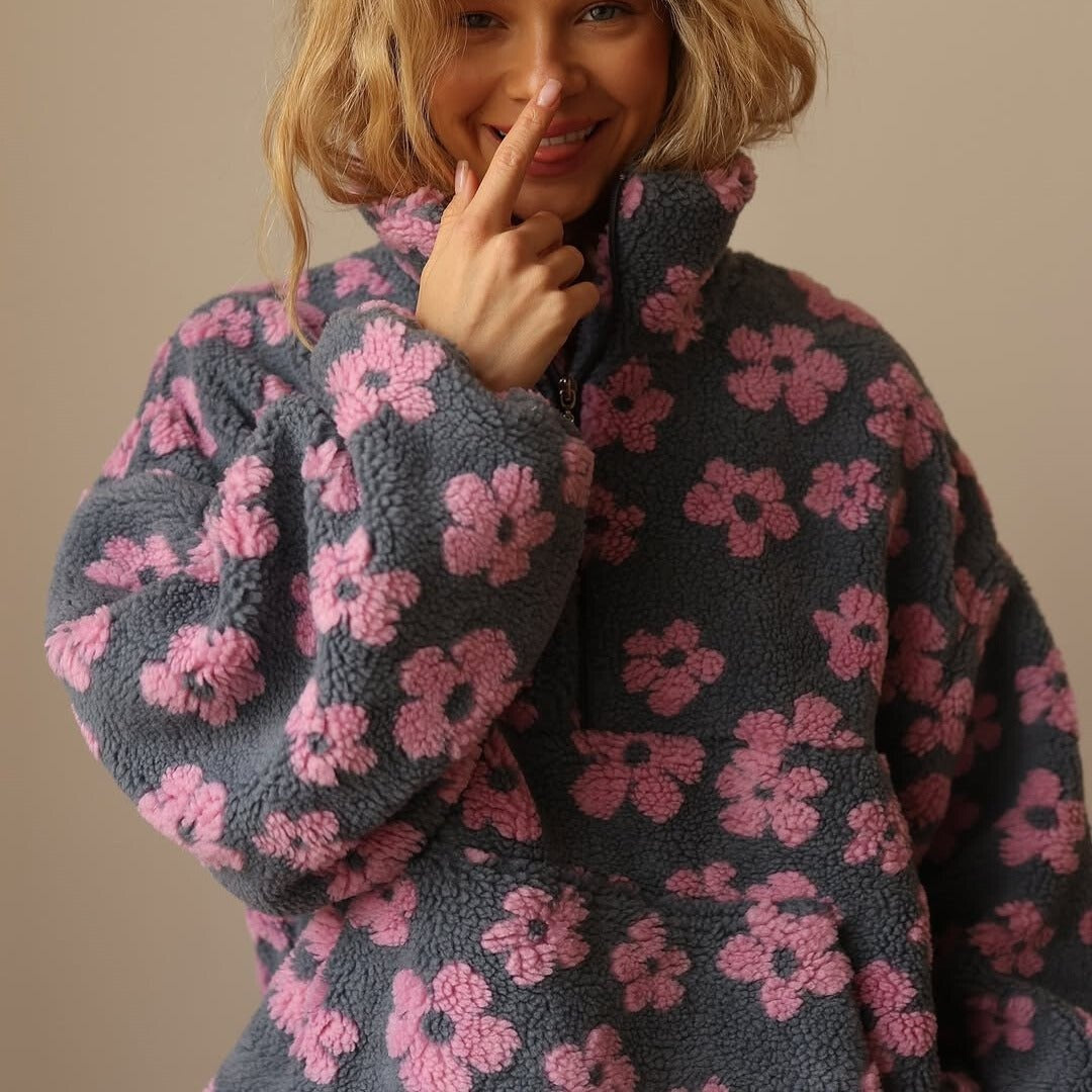 Federica | Giacca Fleece Teddy Donna Floreale Oversize Mezza Zip