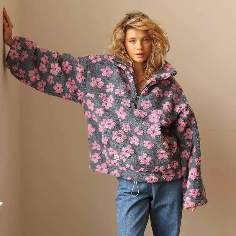 Federica | Giacca Fleece Teddy Donna Floreale Oversize Mezza Zip