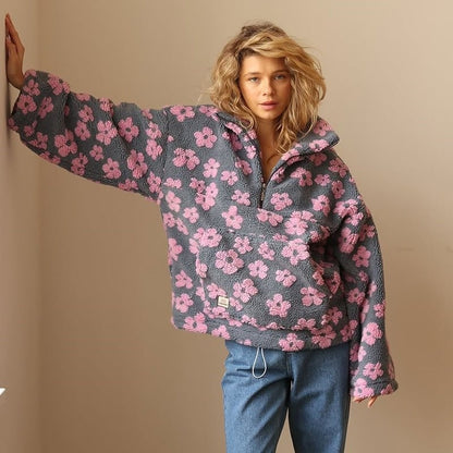 Federica | Giacca Fleece Teddy Donna Floreale Oversize Mezza Zip