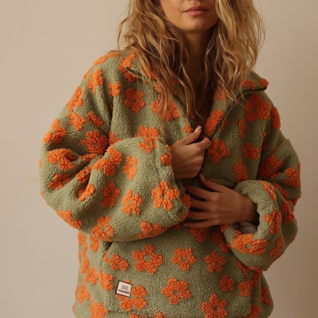 Federica | Giacca Fleece Teddy Donna Floreale Oversize Mezza Zip