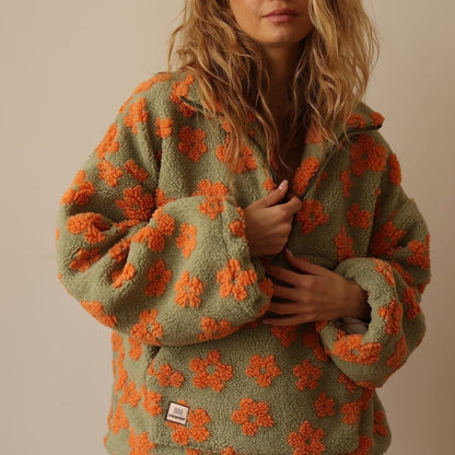 Federica | Giacca Fleece Teddy Donna Floreale Oversize Mezza Zip