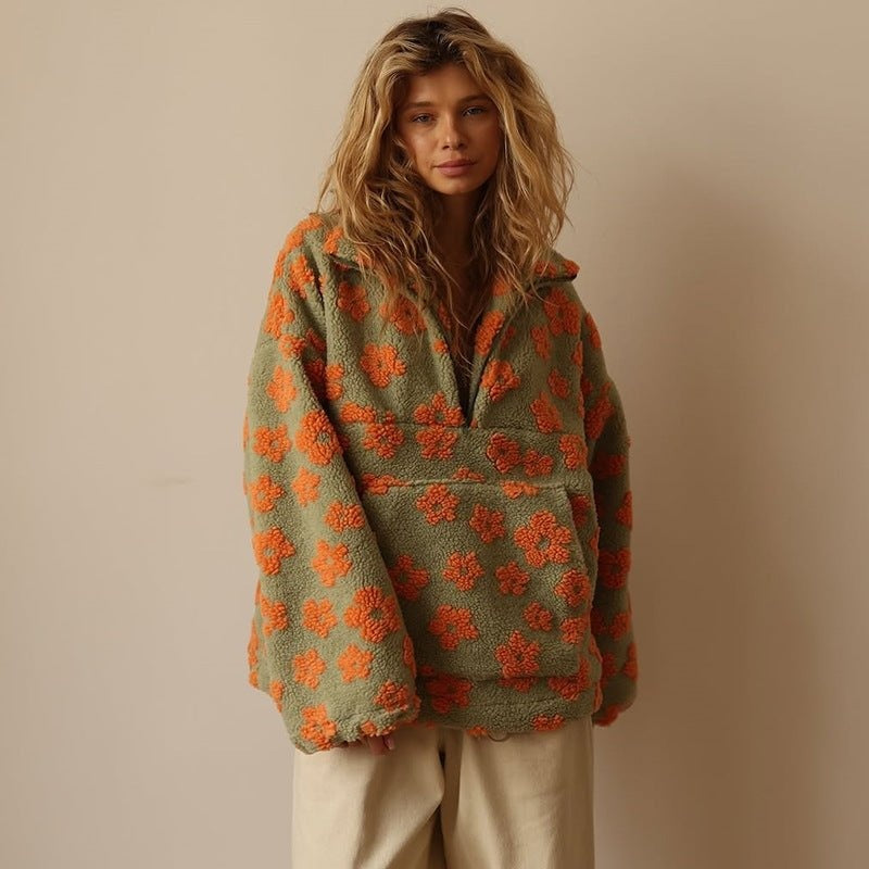 Federica | Giacca Fleece Teddy Donna Floreale Oversize Mezza Zip