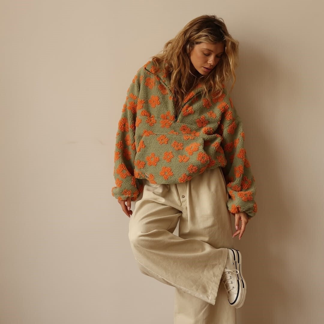 Federica | Giacca Fleece Teddy Donna Floreale Oversize Mezza Zip
