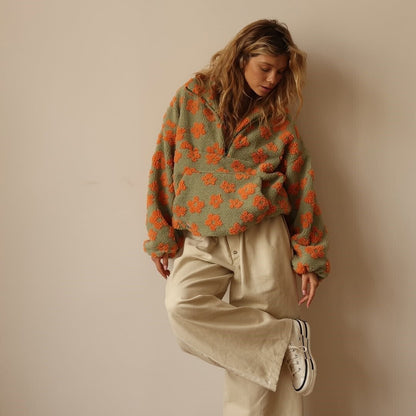 Federica | Giacca Fleece Teddy Donna Floreale Oversize Mezza Zip