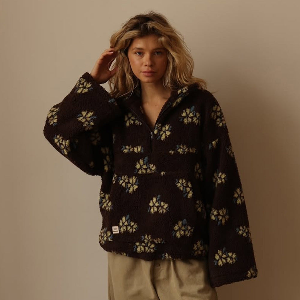 Federica | Giacca Fleece Teddy Donna Floreale Oversize Mezza Zip