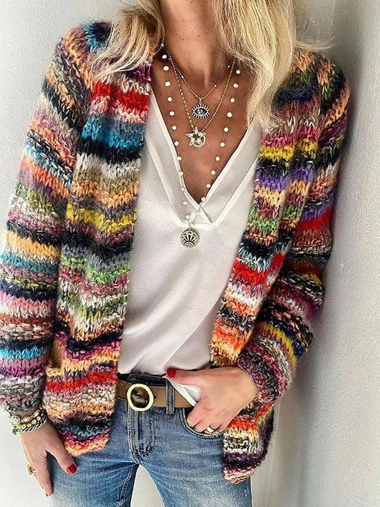 Francesca | Cardigan Lungo Donna a Maglia Righe Multicolor Maniche Lunghe