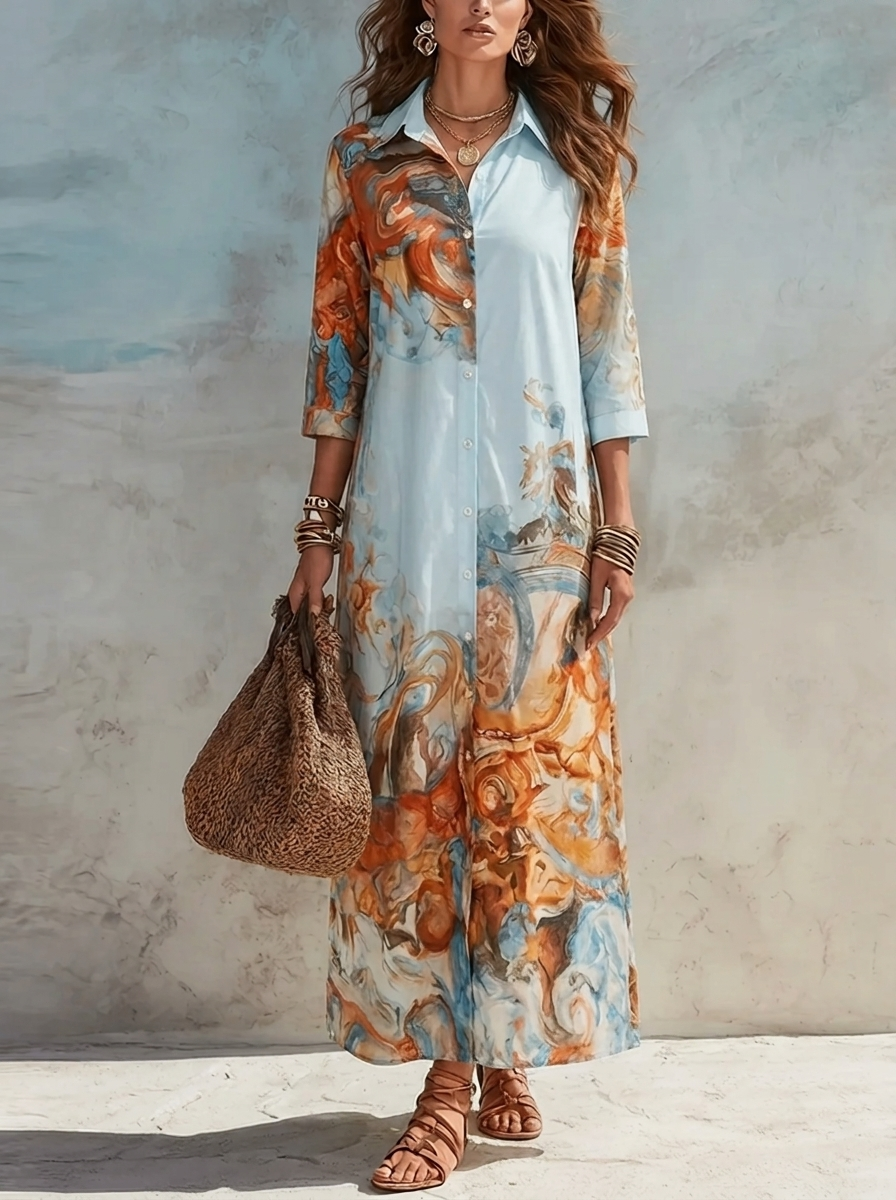 Francesca | Vestito Lungo Chemisier Donna Stampa Artistica Maniche 3/4