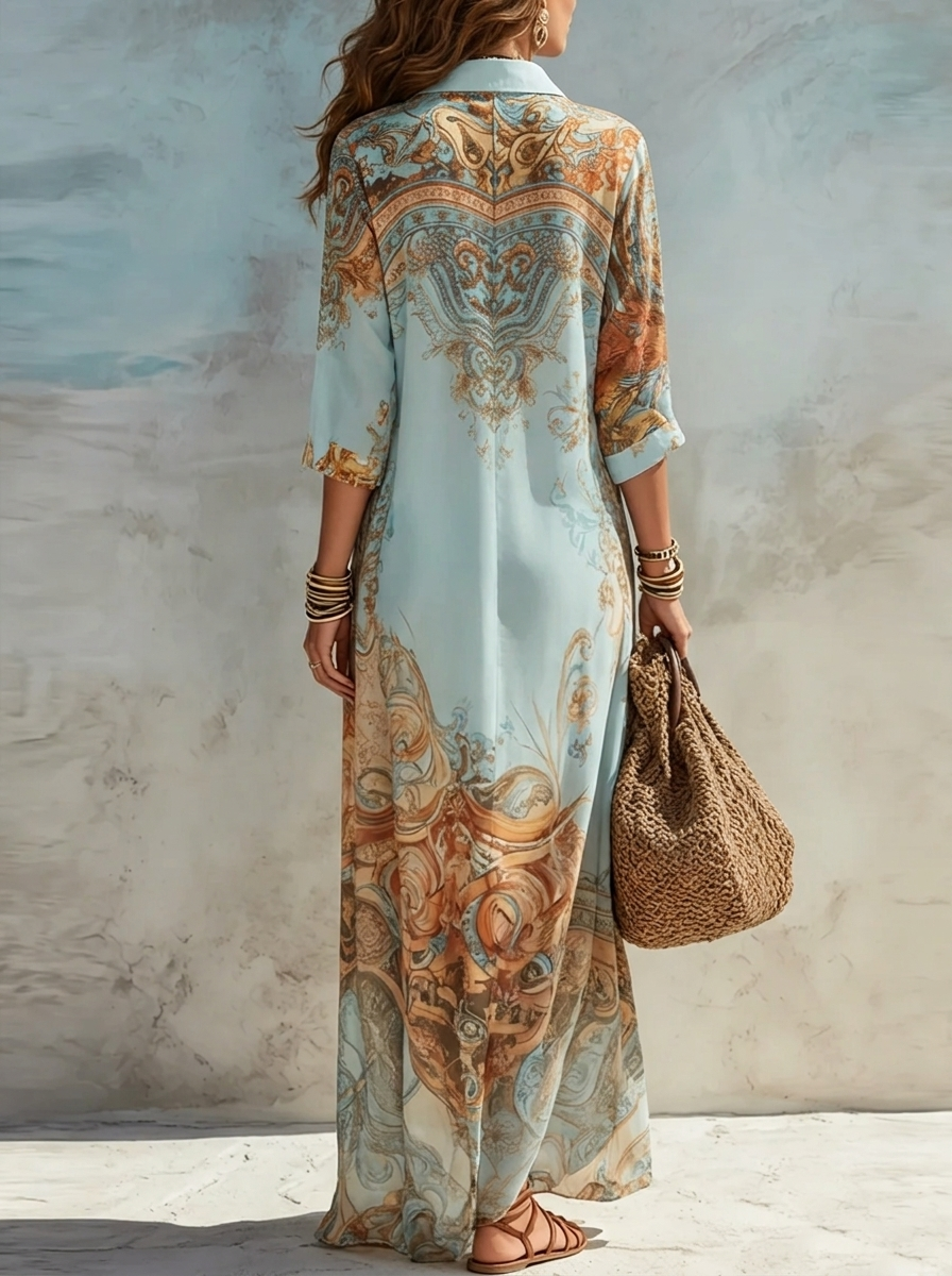 Francesca | Vestito Lungo Chemisier Donna Stampa Artistica Maniche 3/4