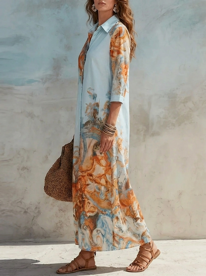 Francesca | Vestito Lungo Chemisier Donna Stampa Artistica Maniche 3/4